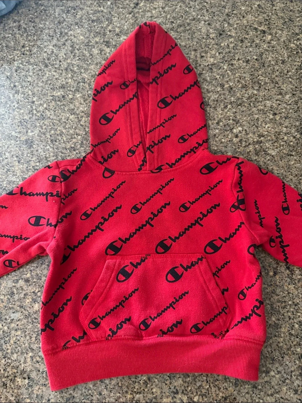 Champion Red Hoodie with Black Allover Logo Print